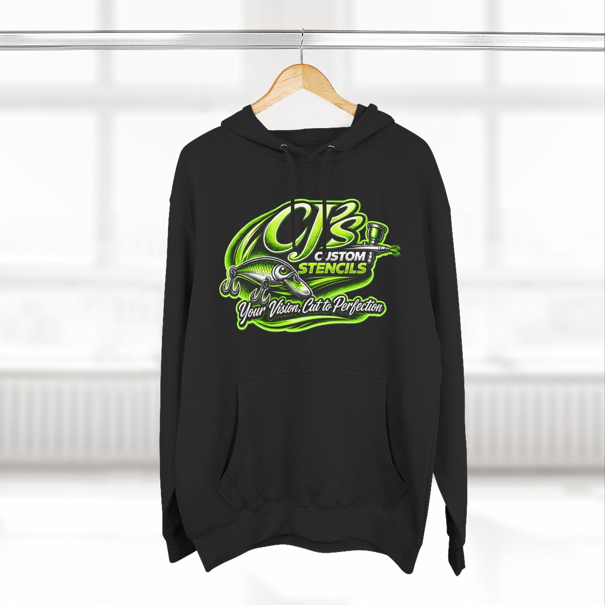 Custom Stencils Logo Hoodie — Neon Green Airbrush Graphic