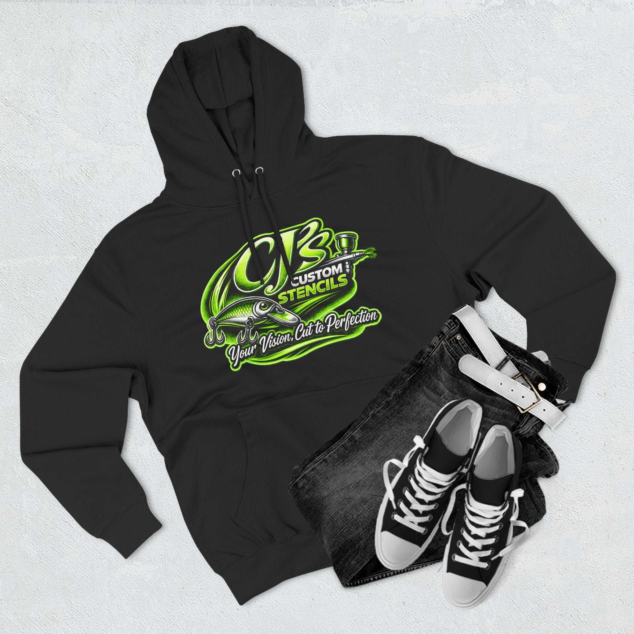 Custom Stencils Logo Hoodie — Neon Green Airbrush Graphic